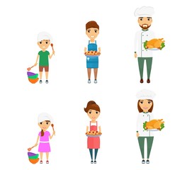 Set, profession cook. Little girl and boy dream of becoming cooks. Man and woman are professional chefs.