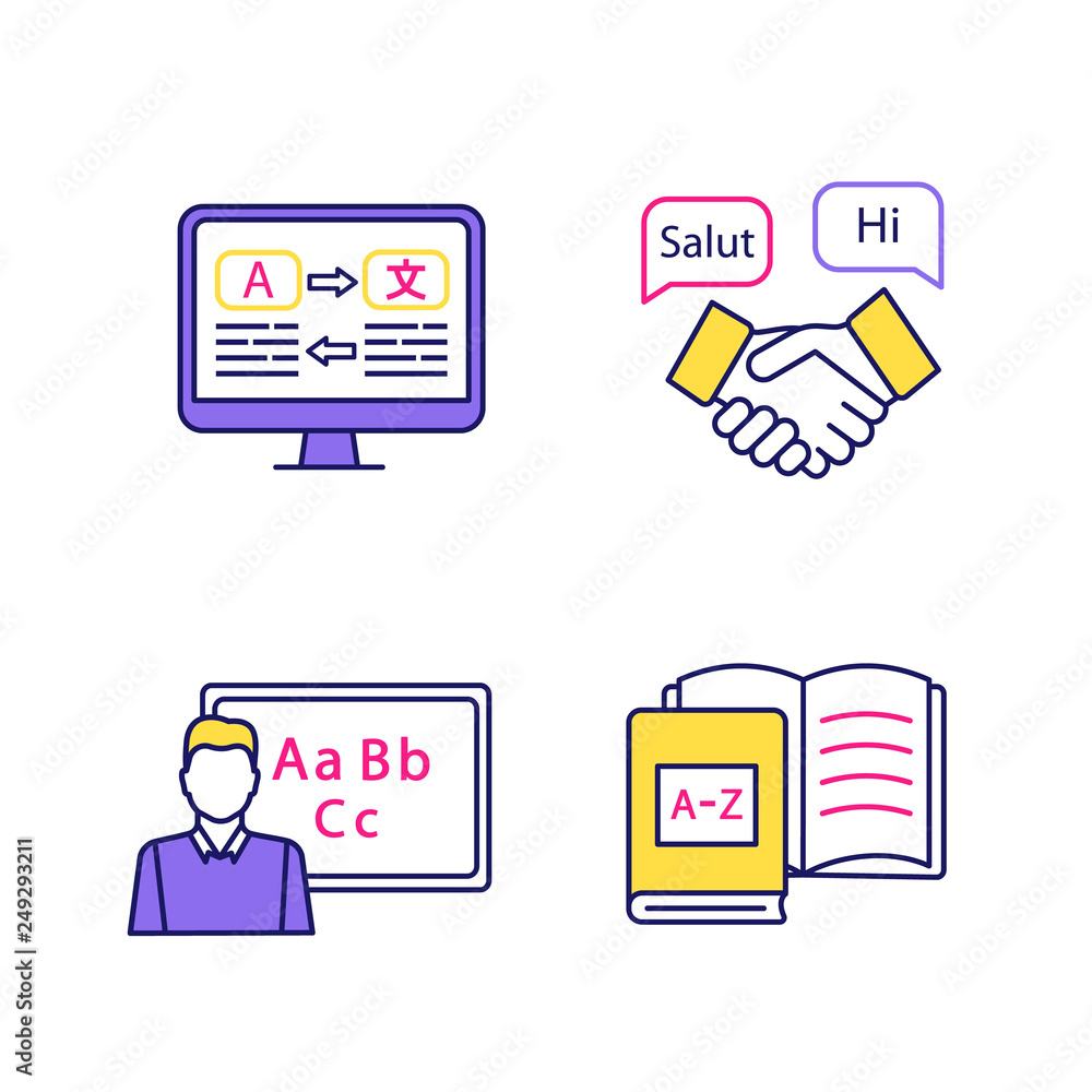 Poster foreign language learning color icons set