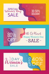 Collection of tree sale banner templates to Womens Day Holiday. Special offers templates for business