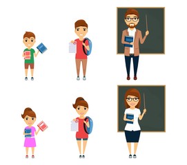 Set, the teaching profession. Little girl and boy dream of becoming teachers. Man and woman are professional teachers.