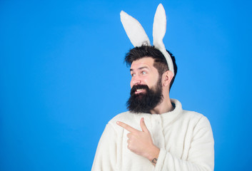 Funny bunny man with beard and mustache. Easter symbol concept. Guy bearded hipster cute gentle...