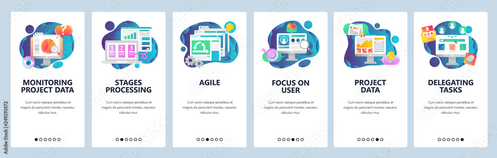 Poster web site onboarding screens. business project development, monitoring and management. agile and scru