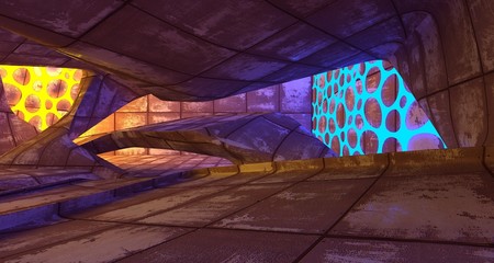 Abstract  Concrete Futuristic Sci-Fi interior With Yellow And Blue Glowing Neon Tubes . 3D illustration and rendering.