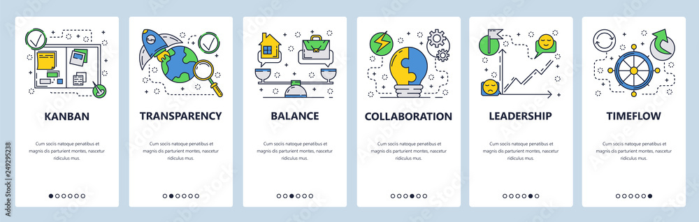 Poster web site onboarding screens. business management, home work balance and collaboration. menu vector b