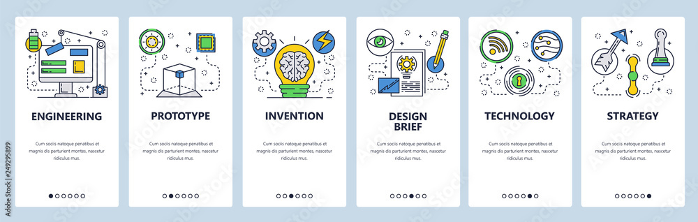 Poster web site onboarding screens. engineering, construction and innovation technology. menu vector banner