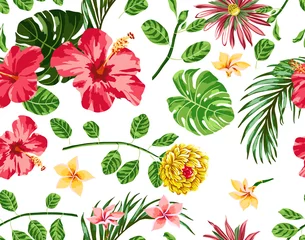 Zelfklevend behang Tropische planten Tropische bloemenpatroon hibiscus met palmblad