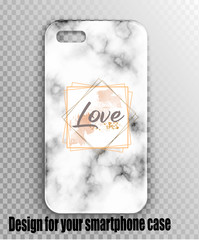 Vector layout - cover for iPhone. Stylish, gray marbled print with geometry and beautiful lettering.