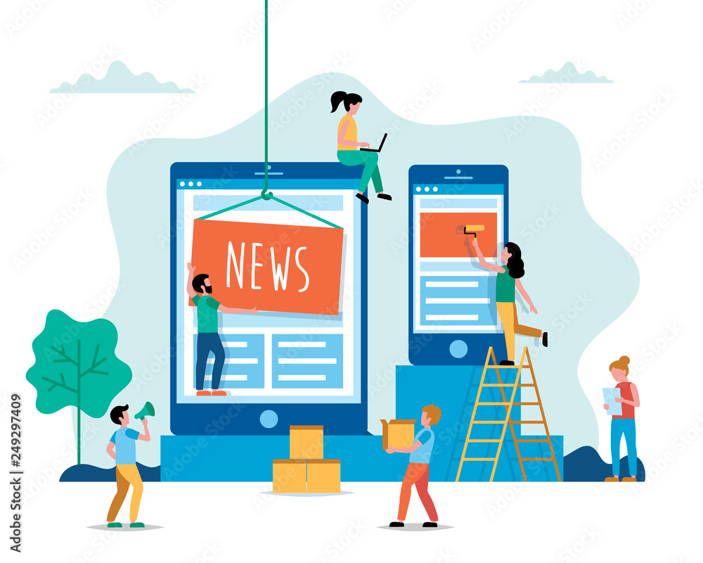 Poster creating news, internet news concept vector illustration in flat style. people working on website. c