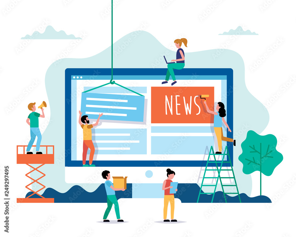 Poster creating news, internet news concept vector illustration in flat style. people working on website. c