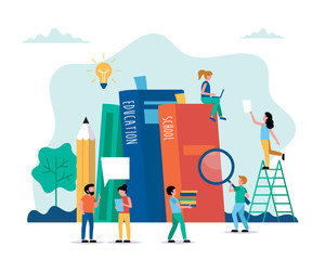 Education concept vector illustration in flat style. Online education, school, university, creative ideas. People working with books. Characters doing various tasks, teamwork.