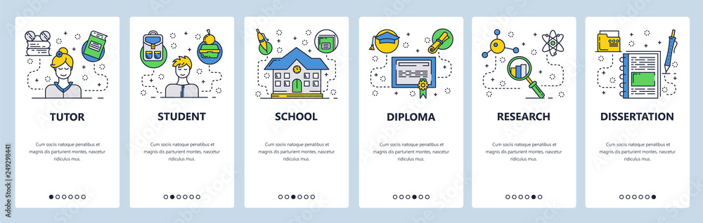 Poster web site onboarding screens. school education, student and tutor. graduation and diploma research. m