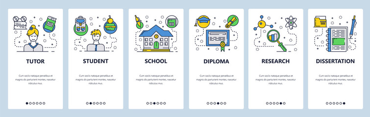 Web site onboarding screens. School education, student and tutor. Graduation and diploma research. Menu vector banner template for website and mobile app development. Modern design flat illustration.