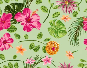 Foto auf Acrylglas Tropical flowers pattern hibiscus with palm leaf   © DNZ CreativeDesign