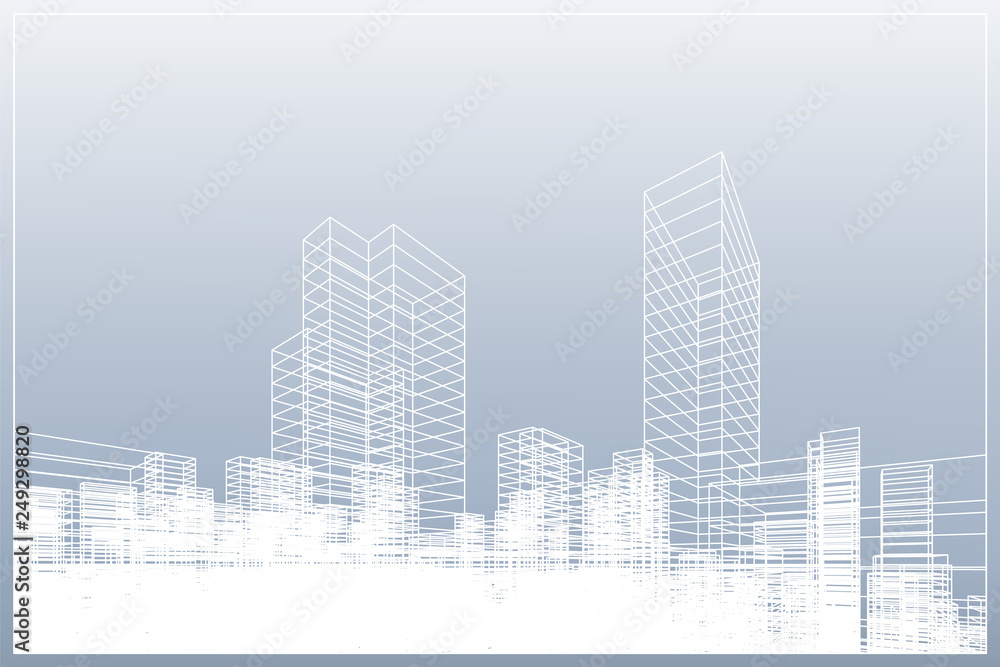 Poster abstract wireframe city background. perspective 3d render of building wireframe. vector.