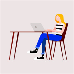 Illustration of a woman with a beard sitting at a table with a laptop