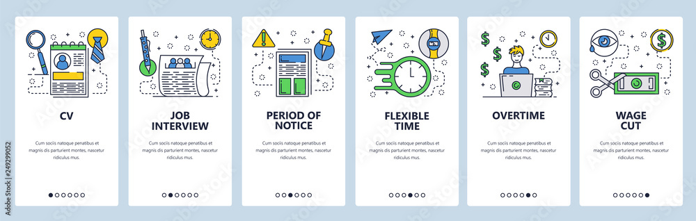 Poster web site onboarding screens. job interview and cv. working hours and overtime salary. menu vector ba