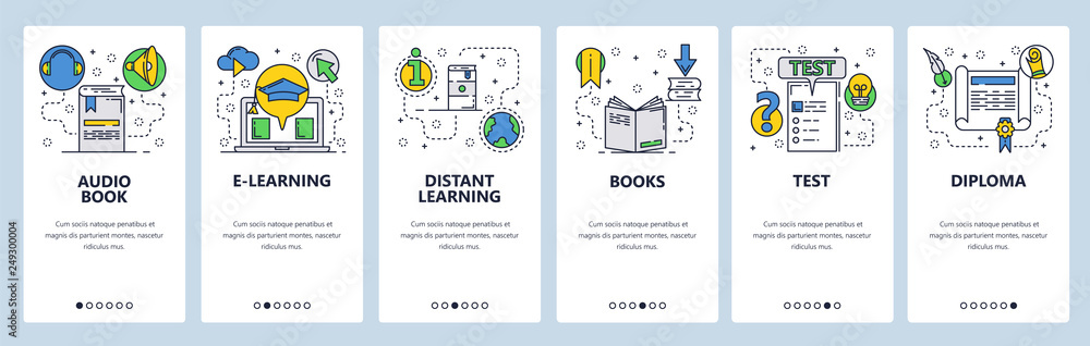 Poster web site onboarding screens. online education and e-learning. books, exams and diploma. menu vector 