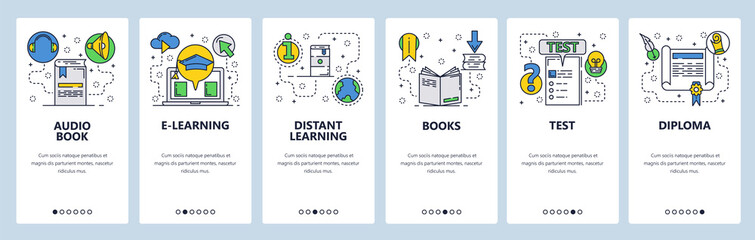 Web site onboarding screens. Online education and e-learning. Books, exams and diploma. Menu vector banner template for website and mobile app development. Modern design flat illustration.