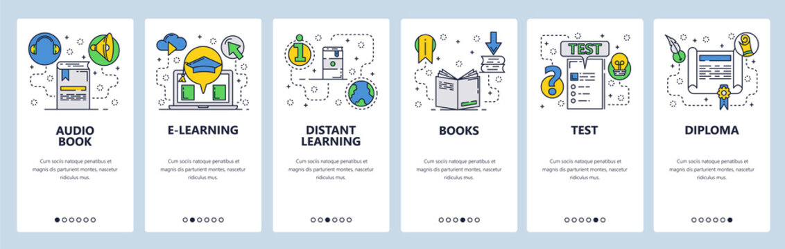 Web site onboarding screens. Online education and e-learning. Books, exams and diploma. Menu vector banner template for website and mobile app development. Modern design flat illustration.