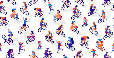 Cotton fabric Vector seamless pattern. Cyclists und runners. A woman on a bicycle, a man on a bicycle, a child on a bicycle. People cycling and running. Running girls and women. Isometric 3d