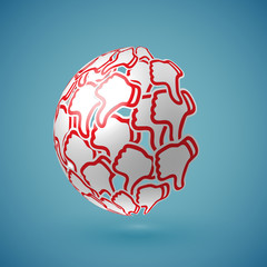 Blue realistic shaded 'thumbs up' globe with connections, vector illustration
