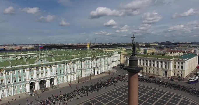 Aerial view of the Alexander Pillar on Palace Square and the panorama of St. Petersburg, Russia.