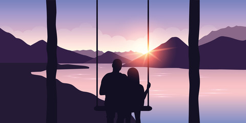 couple in love on a swing enjoys the view of the mountains on the river vector illustration EPS10