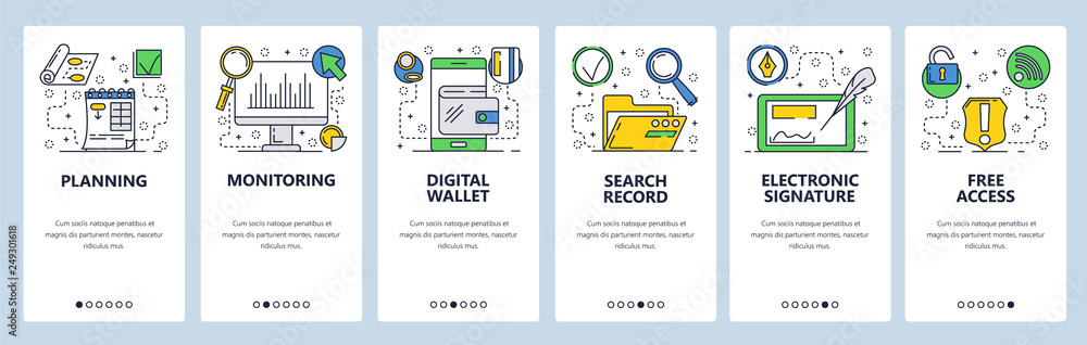 Poster web site onboarding screens. online services, electronic signature, digital wallet.. menu vector ban