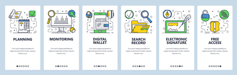 Web site onboarding screens. Online services, electronic signature, digital wallet.. Menu vector banner template for website and mobile app development. Modern design flat illustration.