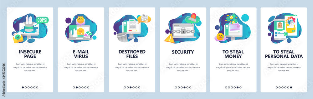 Poster web site onboarding screens. cyber security and hacker attack. email virus and stealing of personal 