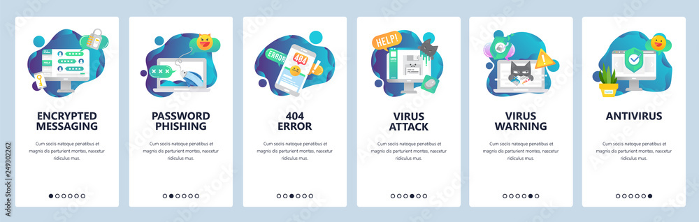 Poster web site onboarding screens. cyber security, virus attack and phishing. antivirus and encrypted mess