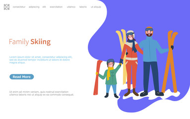 Family skiing activities in winter season web page with text sample vector. Vacation of kid and parents holding ski equipments, skiers on holidays
