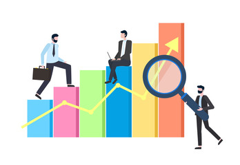Fototapeta premium Business statistics, chart or graphic, businessmen vector. Entrepreneurs in office suits with laptop or briefcase, big magnifier, economic growth