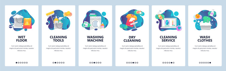 Web site onboarding screens. Cleaning, floor, washing clothes and dry laundry. Menu vector banner template for website and mobile app development. Modern design flat illustration.