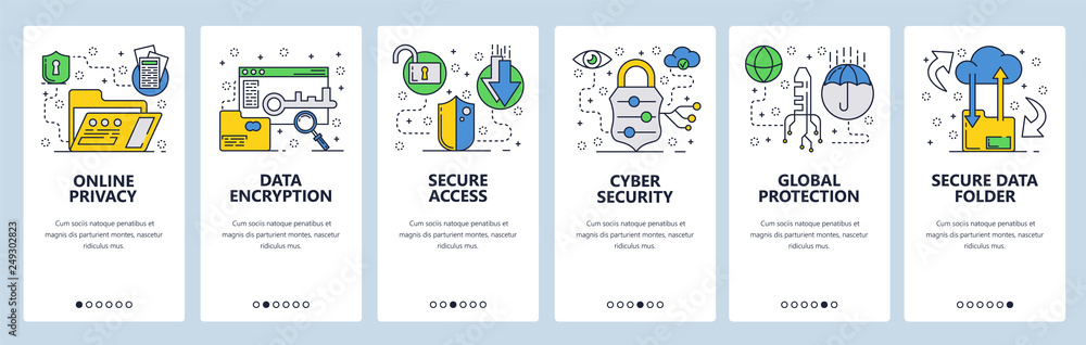 Poster web site onboarding screens. cyber security, secure data transfer to cloud storage. data encryption.