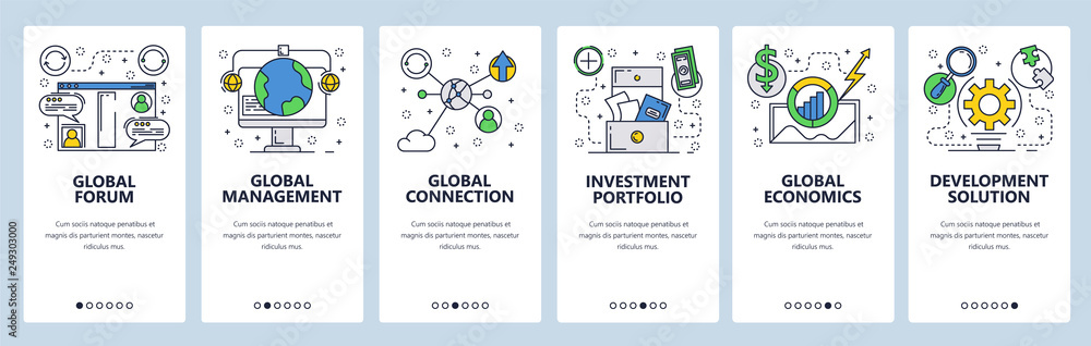 Poster web site onboarding screens. global connection, investment and economy. menu vector banner template 
