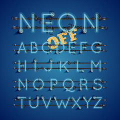 Yellow realistic neon character set with wires and console, vector illustration