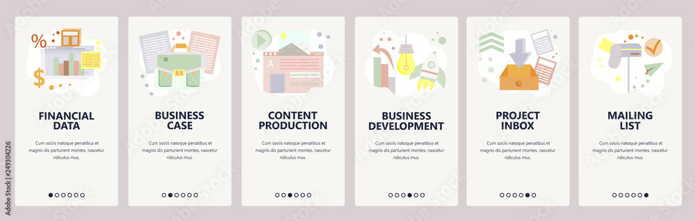 Poster web site onboarding screens. financial data, business development, content production. menu vector b