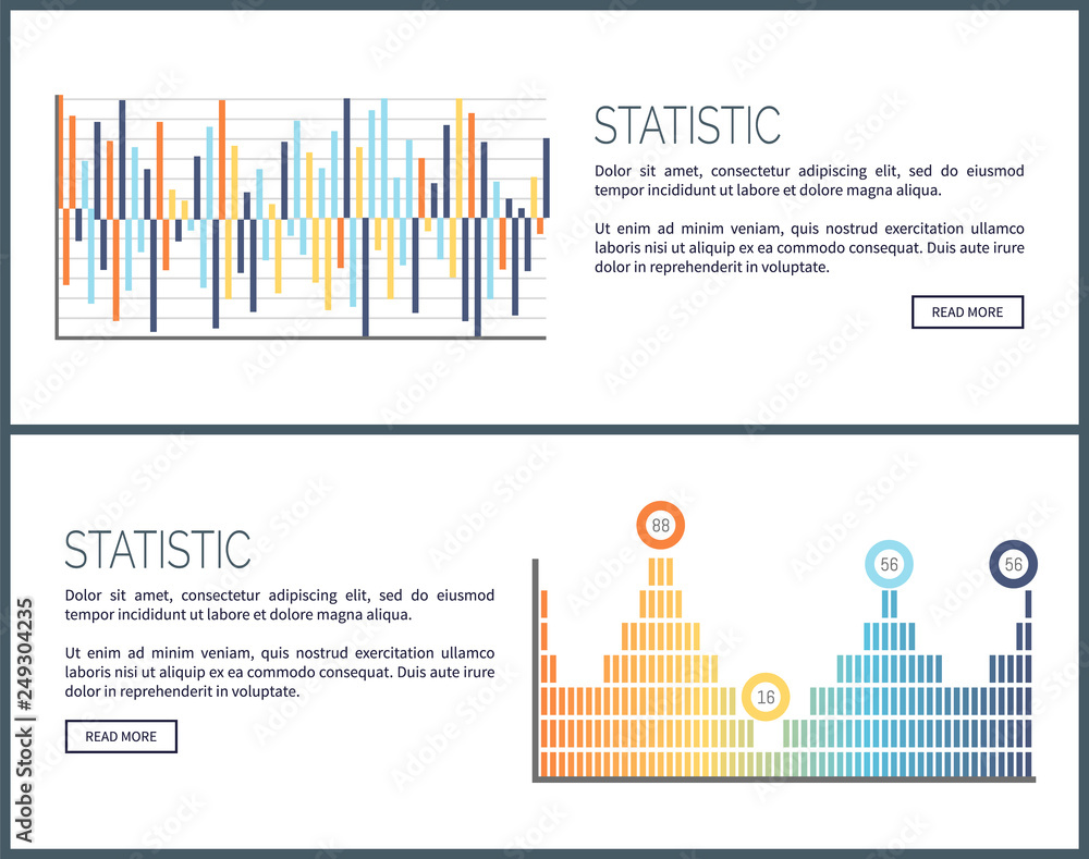 Poster statistics charts and diagrams visual data web vector. webpage with text sample, graphics and scheme