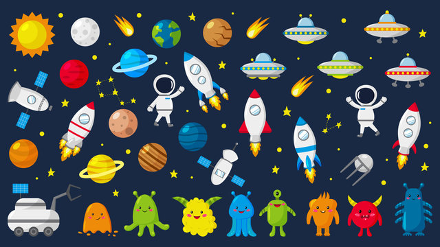 Big set of cute astronauts in space, planets, stars, aliens, rockets, UFO, constellations, satellite, moon rover. Vector illustration.