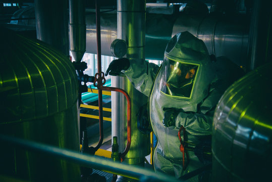 Man in a radiation protection suit.