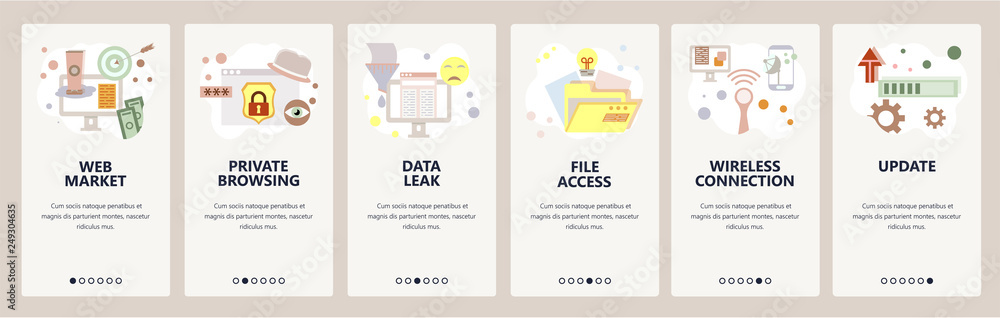 Poster web site onboarding screens. cyber security and internet secure access. privacy and data leak. menu 