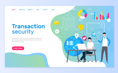 Fototapeta na wymiar Transaction security team males working in bank vector. Man conducting payments with innovative technologies, people working online website text. Webpage template landing page in flat