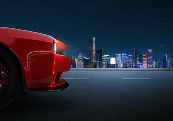 Closeup front side angle view of a generic red brandless American muscle car with night cityscape...