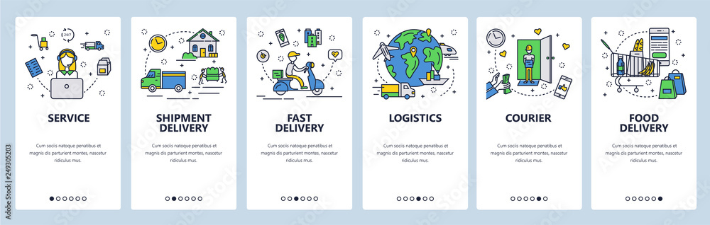Poster web site onboarding screens. fast shipping and food delivery. menu vector banner template for websit