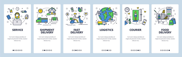 Web site onboarding screens. Fast shipping and food delivery. Menu vector banner template for website and mobile app development. Modern design flat illustration.