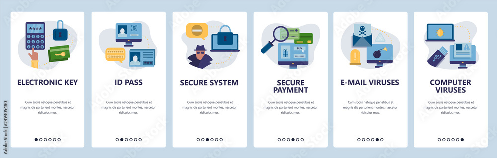 Poster web site onboarding screens. cyber security, secure access, id pass and online payment. menu vector 