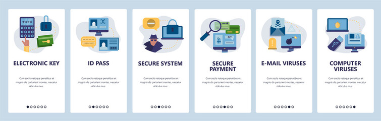 Web site onboarding screens. Cyber security, secure access, ID pass and online payment. Menu vector banner template for website and mobile app development. Modern design flat illustration.