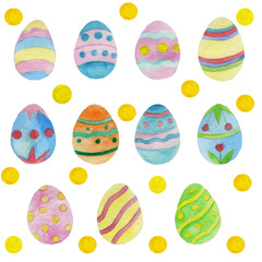 Happy Easter. Watercolor set of hand drawn colored Easter eggs isolated on white background. For greetings card design.