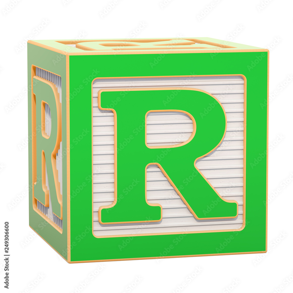 Poster abc alphabet wooden block with r letter. 3d rendering